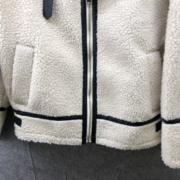 Zara Fleece Biker Jacket Womens S Ivory Faux Shearling Oversized Aviator - Picture 4 of 9
